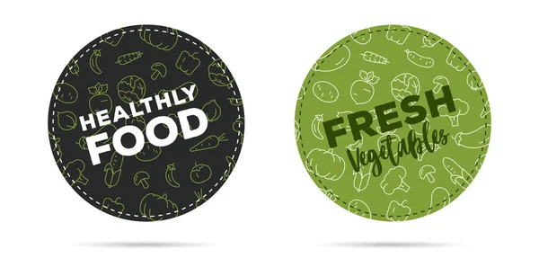 Promo tags of stickers voor de voedselmarkt met lijnillustraties van verschillende groenten en typografie, ronde vorm — Stockvector