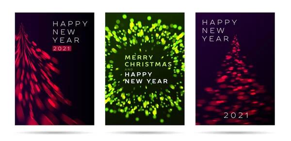 クリスマスツリーや花火の抽象的なイラストが描かれたお祝いの休日のポスターのセットは リースの形で 新年のバナーを迎える — ストックベクタ