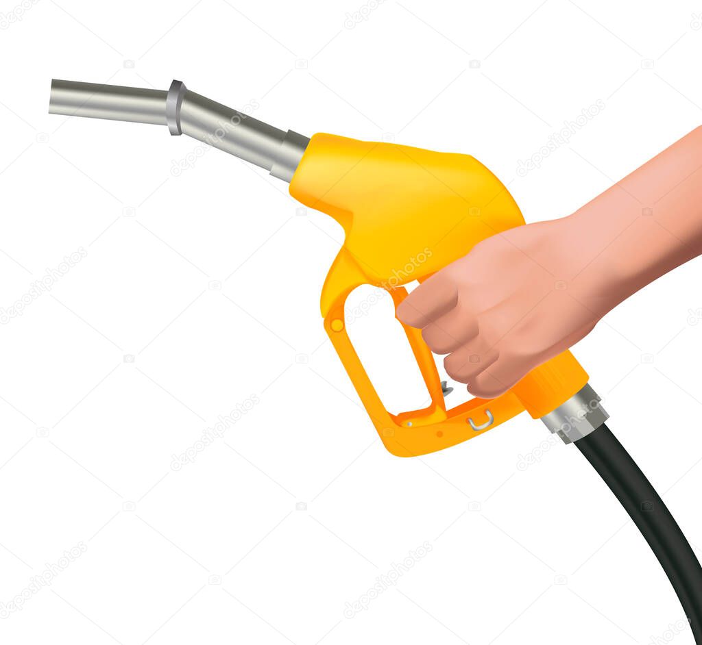 Realistic vector illustration of human hand holding gas gun, gasoline petrol dispenser in yellow and black colors with metal nozzle, isolates