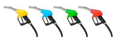 Gaz silahının gerçekçi tasviri, farklı renklerde benzinli benzin dağıtıcısı metal başlıklı ve siyah saplı, izole edilmiş.