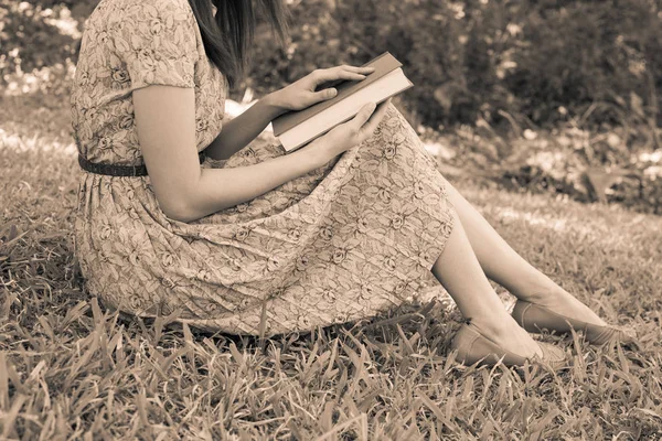 Giovane Donna Che Legge Bibbia Nel Parco Naturale — Foto Stock