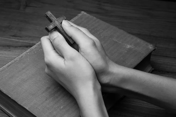 Mãos dobradas em oração sobre a Bíblia Sagrada — Fotografia de Stock