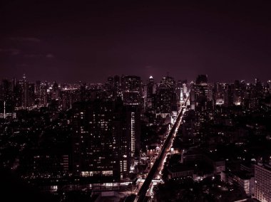 Bangkok Gece Cityscape Mor Ton.