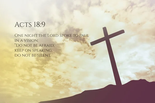Acts 18:9 Vintage Bible Verse Background on one cross on a hill — Stock Photo, Image
