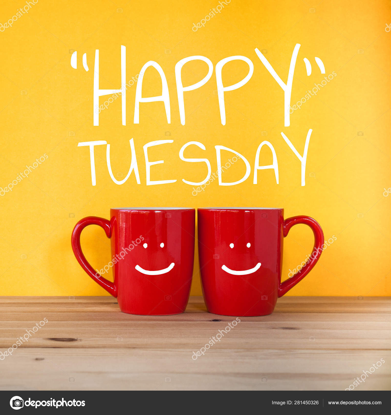 Happy Tuesday word two cups of coffee and stand together Stock Photo by  ©aradaphotography 281450326