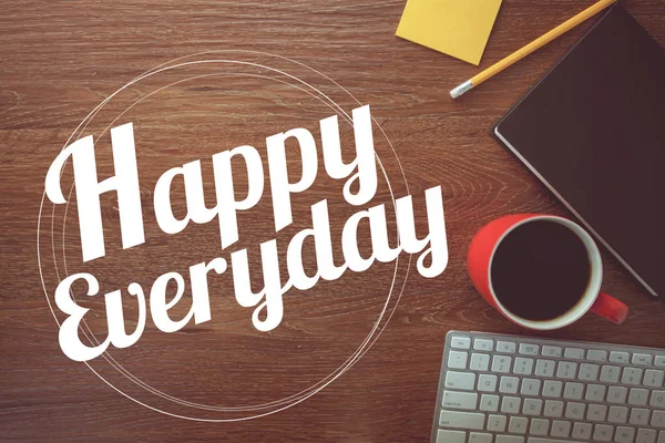Happy everyday on notebook , pencil and coffee cup with vintage — Stock Photo, Image