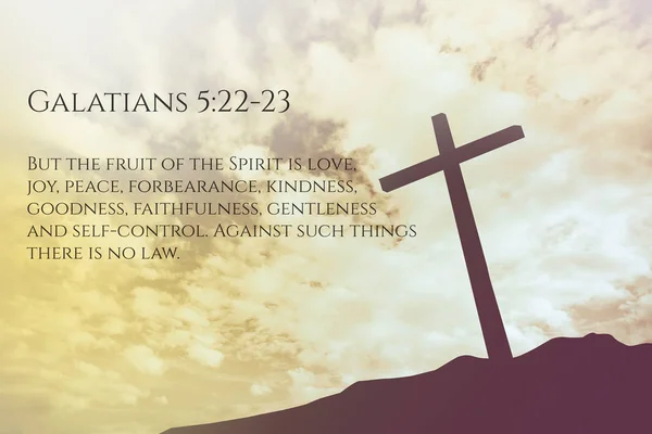 Galatians 5:22-23 Vintage Bible Verse Background on one cross on a hill — Stock Photo, Image