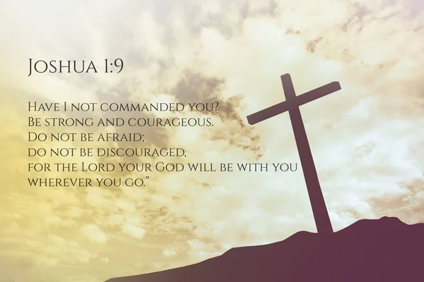 Joshua 1:9 Vintage Bible Verse Background on one cross on a hill — Stock Photo, Image