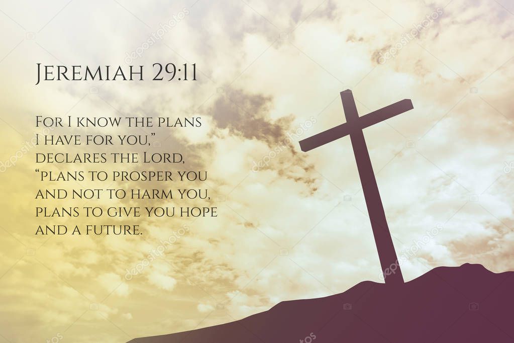 Jeremiah 29:11 Vintage Bible Verse Background on one cross on a hill