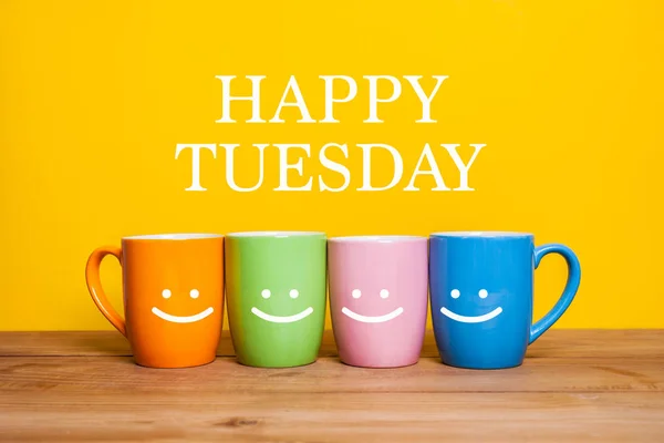 Happy tuesday word.cups of coffee and stand together — Stock Photo, Image