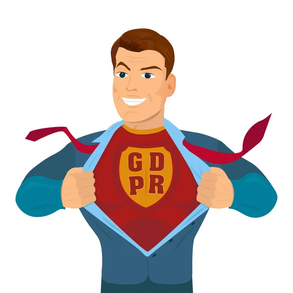 Supersankari repimässä paitaa ja pukua kaiverruksella GDPR . — vektorikuva