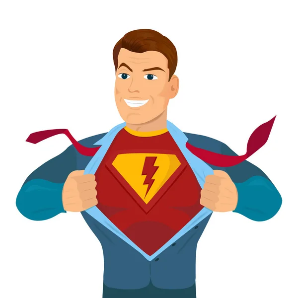 Superhero tearing shirt and wearing costume vector poster illustration — Stock Vector