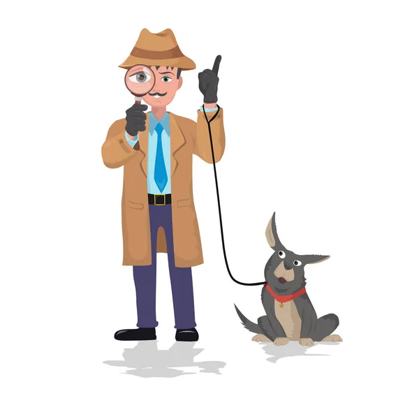 Детектив дивиться через збільшувальне скло і собаку — стоковий вектор