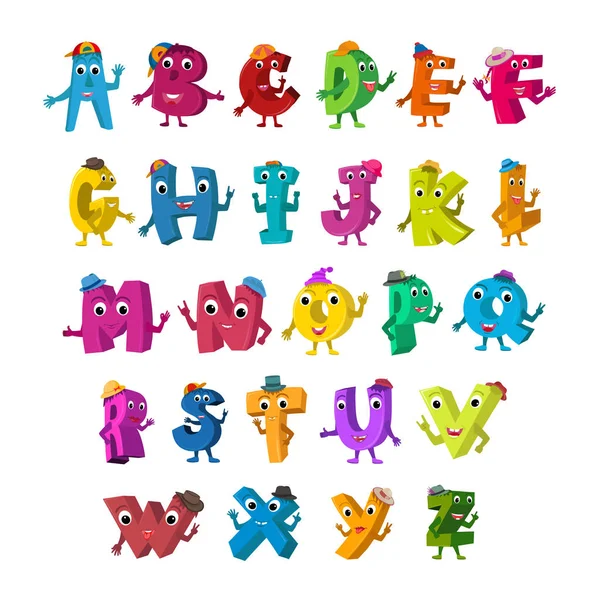 Funny Alphabet Characters Alive Letters Hats Design Color Set — Stock Vector