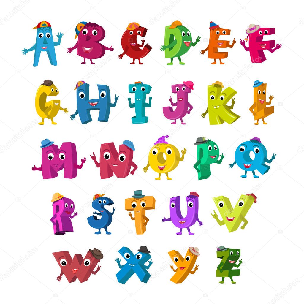Funny Alphabet Characters. Alive Letters with hats design color set.
