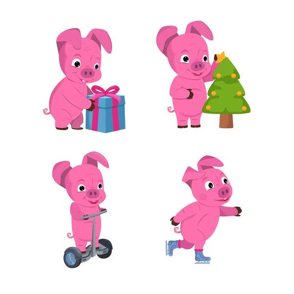 Weihnachtsset aus niedlichen Schweinchen mit Geschenk, Weihnachtsbaum und Schlittschuhen. Neujahrssymbol. — Stockvektor