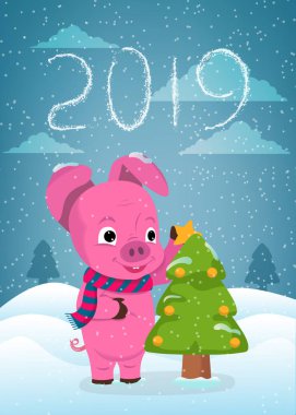 Komik domuz ile yeni yıl tebrik kartı. Noel ağacı ve elle çizilmiş yazı ile şirin domuz. 2019 tarihinde Çin takvimine sembolü.
