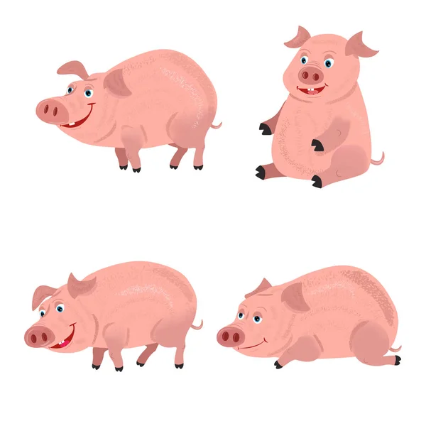 Jolis cochons souriants jouant dans la boue. Jeu de caractères vectoriels animaux de ferme . — Image vectorielle