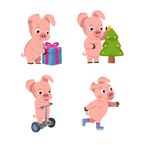 Weihnachtsset aus niedlichen Schweinchen mit Geschenk, Weihnachtsbaum und Schlittschuhen . — Stockvektor