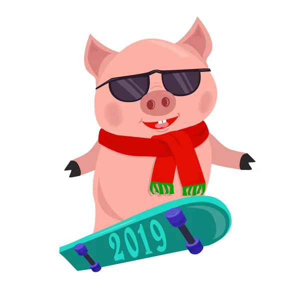 Vereinzelte Cartoon-Schweinchen, Symboljahr 2019 Schlittschuhlaufen auf dem Brett. Kinderbuch Illustration Skateboarding Schweinchen. — Stockvektor