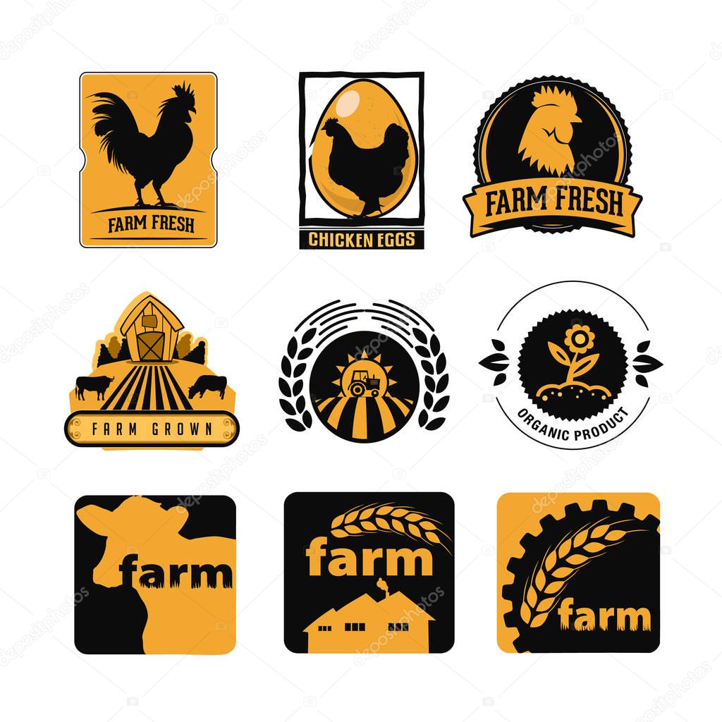 Set of vintage farm logo labels with chicken, eggs and cows