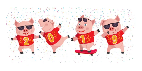 2019 Jahr des Schweins. Niedliche Schweine mit der Nummer 2019 auf Konfetti-Hintergrund. Frohes neues Jahr flache Vektor-Design-Element. — Stockvektor
