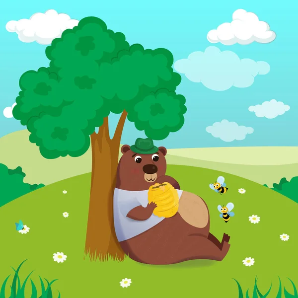 Bear under the tree with bee hive and eats honey on nature background — Stock Vector