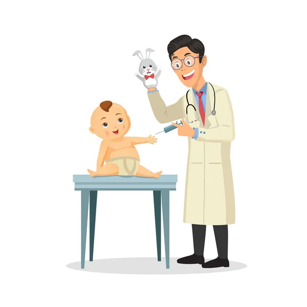 Der junge Kinderarzt führt eine Impfung eines kleinen Jungen durch. Der Arzt hält ein Spielzeug in der Hand. — Stockvektor