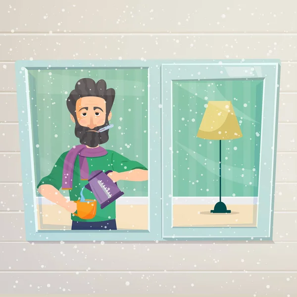 Sick man stands near a window and looks at the snow — Stock Vector