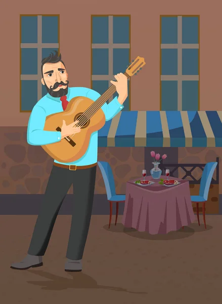 Homme avec des stands de guitare près du restaurant et chante . — Image vectorielle