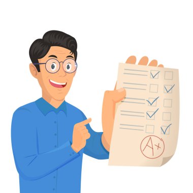 Mükemmel test sonuçları bir artı işareti ile gösterilen genç öğrenci portresi.