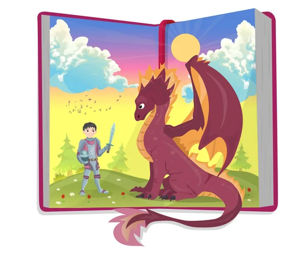 Open book of fairytales with knight and dragon