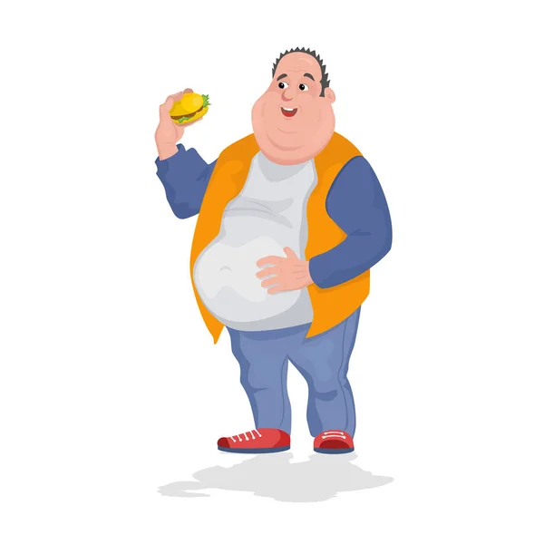 Voller Mann isst viele Hamburger. Vektorgrafik — Stockvektor