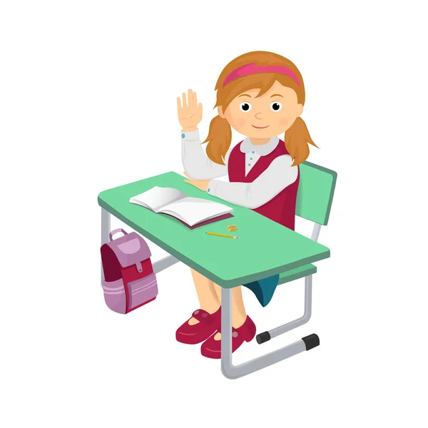 Menina da escola em uma mesa da escola —  Vetores de Stock