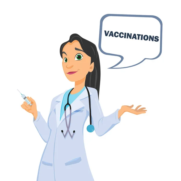 Mujer caucásica sonriente que sostiene una jeringa para inyección médica con vacuna. Ilustración de dibujos animados vectoriales aislados sobre fondo blanco. — Vector de stock