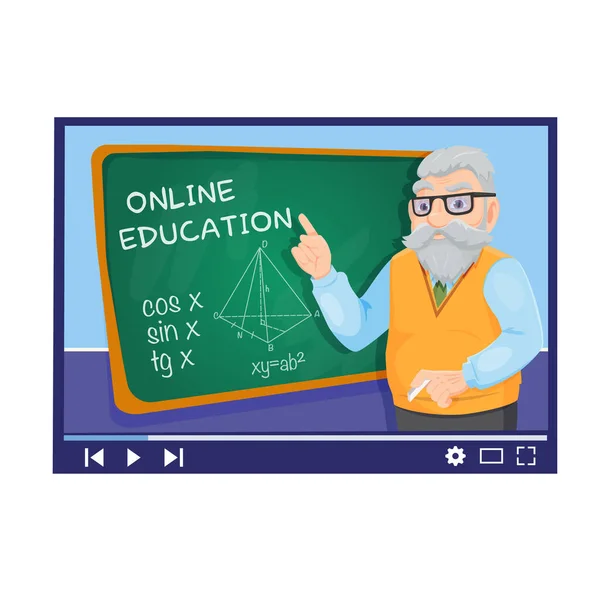 Vector online education illustration of teacher with school board and speaking On Internet online Video. — 스톡 벡터