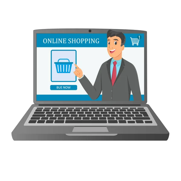 Internet compras portátil concepto ilustración. Empresario en la pantalla del ordenador portátil anuncia compras en línea. — Vector de stock