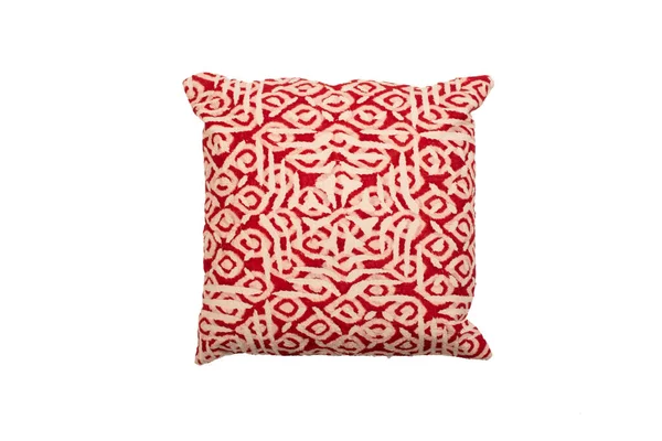 Almohada Suave Decorativa Con Patrón Geométrico Color Rojo Blanco Aislada — Foto de Stock