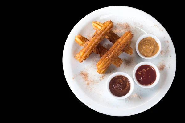 Churros Con Azúcar Canela Servidos Con Chocolate Caramelo Leche Mermelada — Foto de Stock