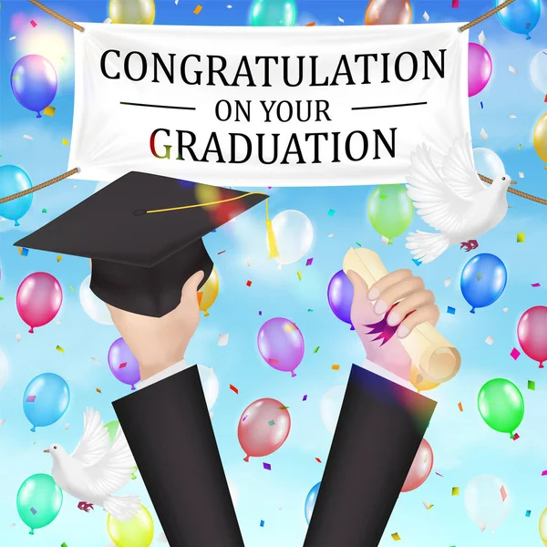 Tebrikler Mezuniyet Afiş Diploma Şapka — Stok Vektör