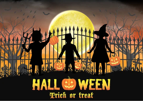 Halloween Kids Voor Kerkhof Begraafplaats Poort — Stockvector