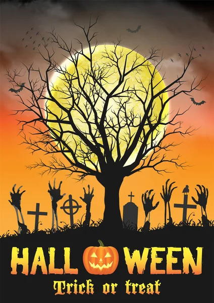 Halloween Zombie Hand Graf Met Dode Boom — Stockvector