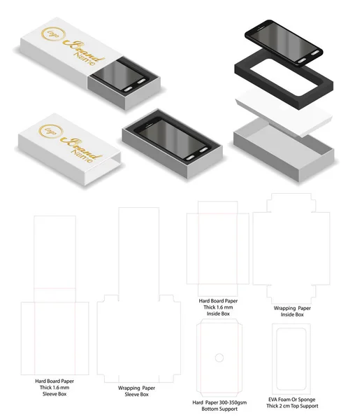 Teléfono Inteligente Rígido Diapositiva Caja Manga Maqueta Dieline — Vector de stock
