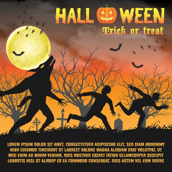 Halloween Silhouet Weerwolf Een Nacht Kerkhof — Stockvector