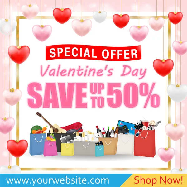 Valentinstag Shopping Verkauf Grußkarte Banner — Stockvektor