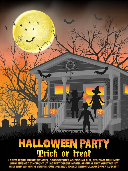 Halloween Kids Kostuum Partij Voorkant Van Het Huis Voor Trick — Stockvector