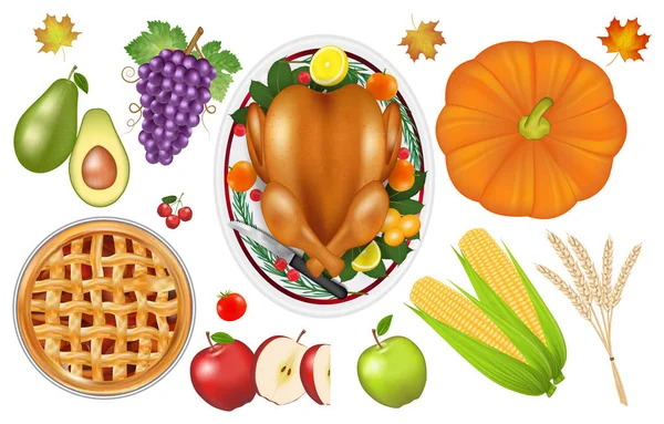 Celebración Acción Gracias Comida Tradicional Set Frutas — Vector de stock