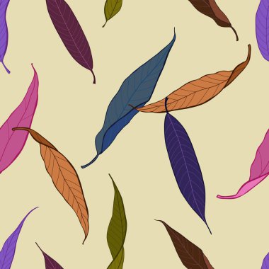 Açık sarı arkaplanda renksiz sonbahar yapraklarının kusursuz vektör deseni