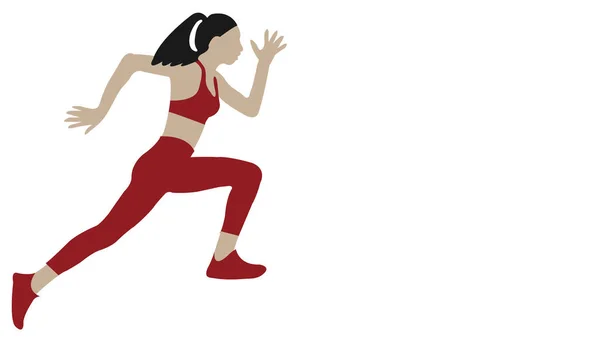 Beyaz arka planda kırmızı spor elbiseli bir kadın var..