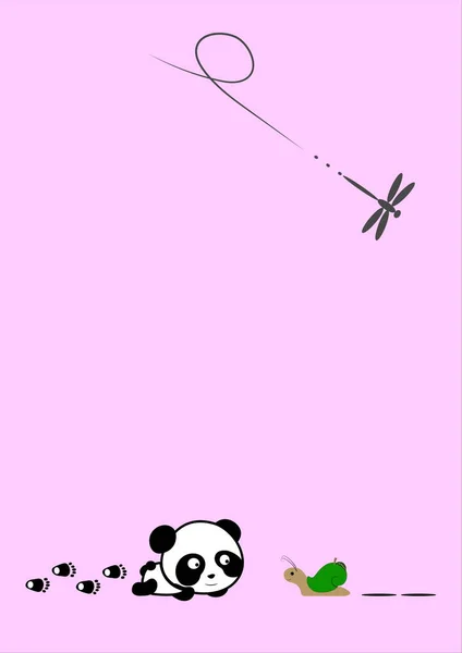 Pembe arka planda salyangoz ve yusufçuk panda figürü